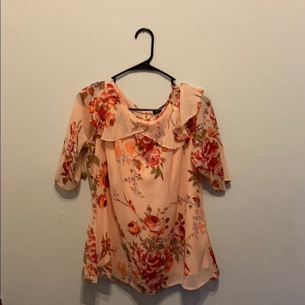 Cold shoulder peach coral floral organza blouse